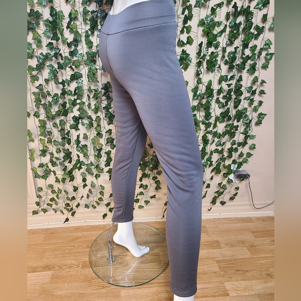 ​Sherpa Lined Fleece Leggings Charcoal Grey Thermal Winter Pants Cat Detail - Picture 6 of 14